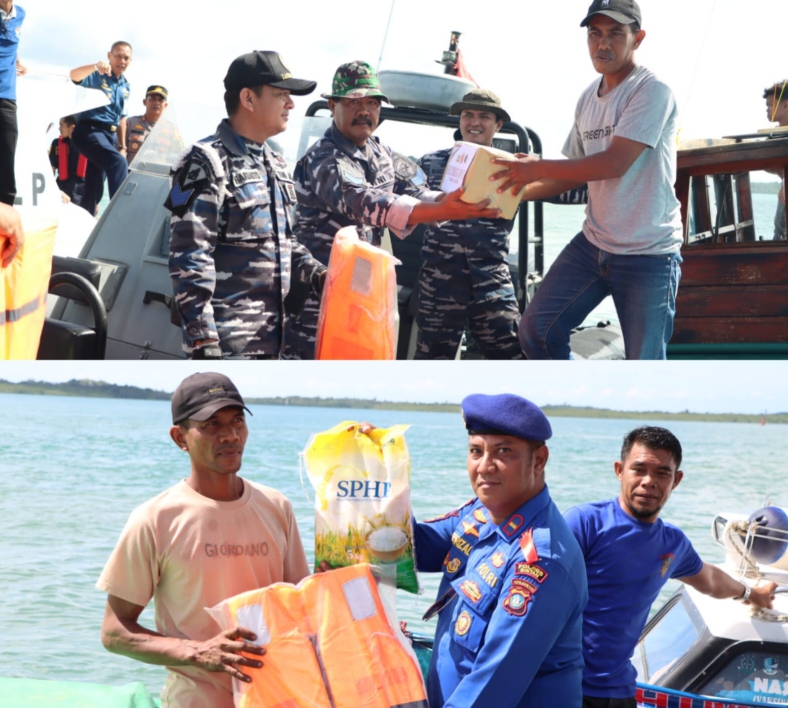 Tim Gabungan Satpolirud Polres Bintan berikan Himbauan Waspada Cuaca Ektrim dan bagikan sembako Kepada Masyarakat Pesisir